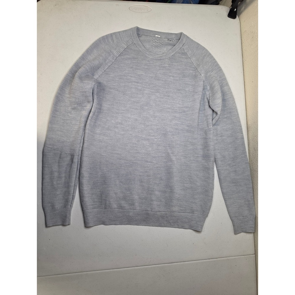 Lululemon Blue Gray Ribbed Knit Pointelle Back Crew Neck Sweater Women Size M